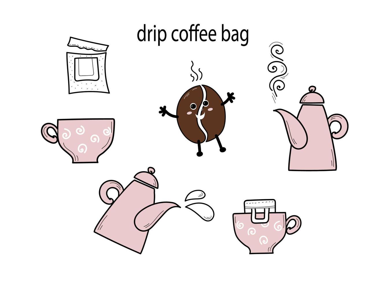 Drip coffee bag for easy brewing in a cup. Set of vector hand drawn icons, doodle isolated illustration on white background. Instructions for making fresh coffee drink