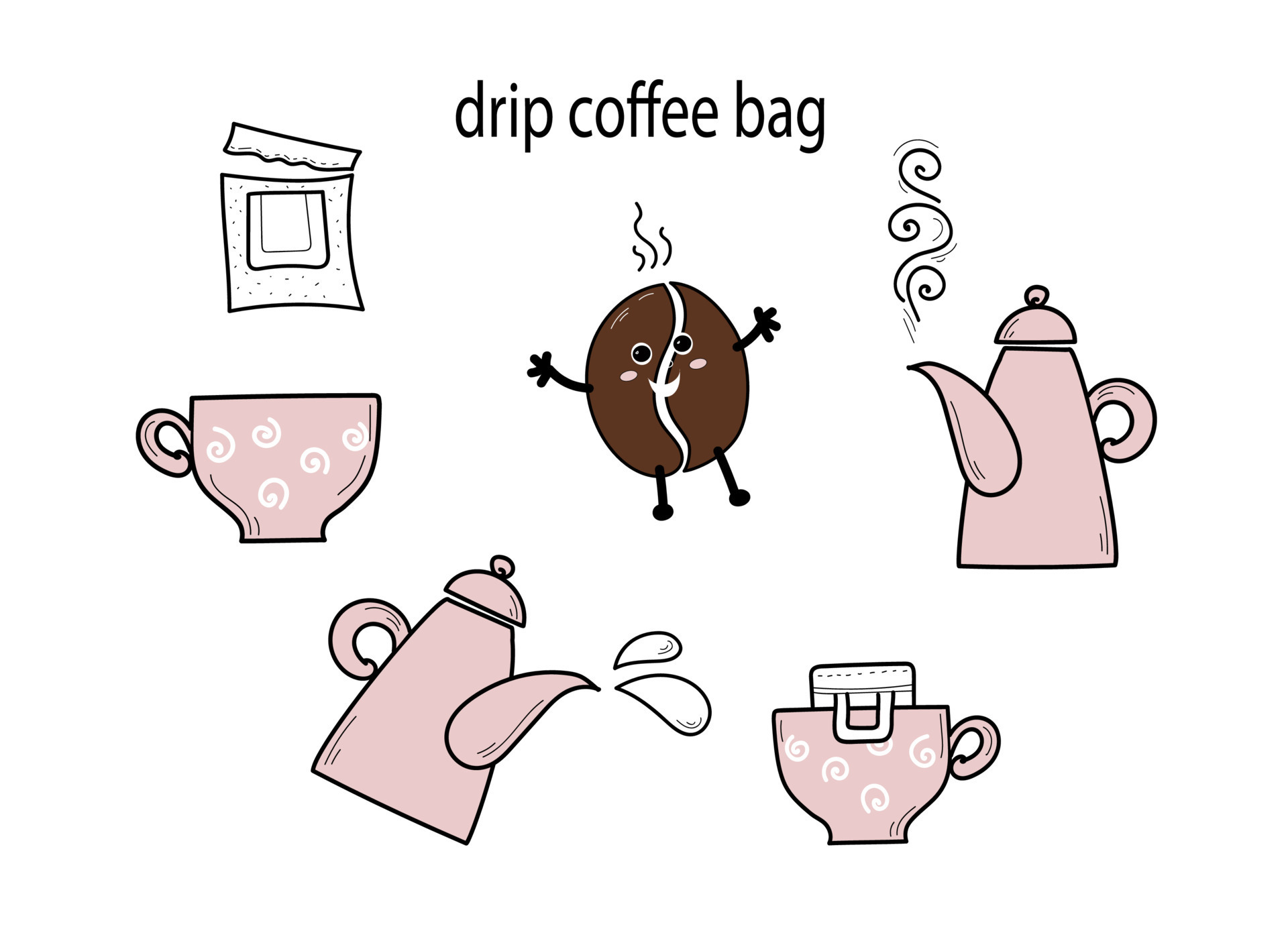 Drip coffee bag for easy brewing in a cup. Set of vector hand drawn