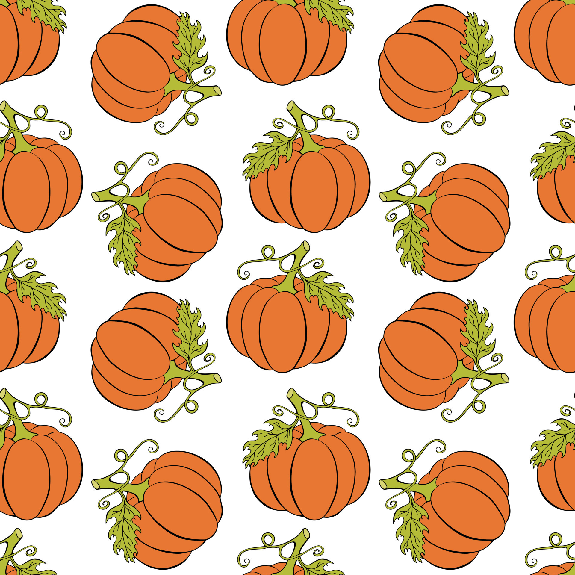 Pumpkin pattern coloring orange and green, white background. Doodle ...