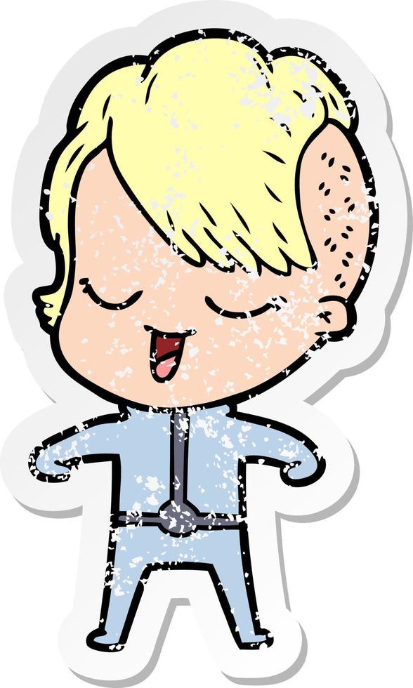 distressed sticker of a happy cartoon girl in futuristic clothes vector