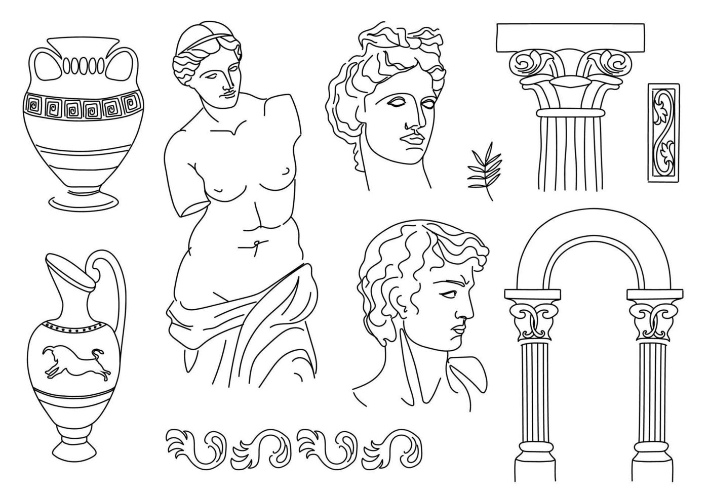 Vector set of antique sculptures, stuties, sculptures, Apollo drawn in doodle style.
