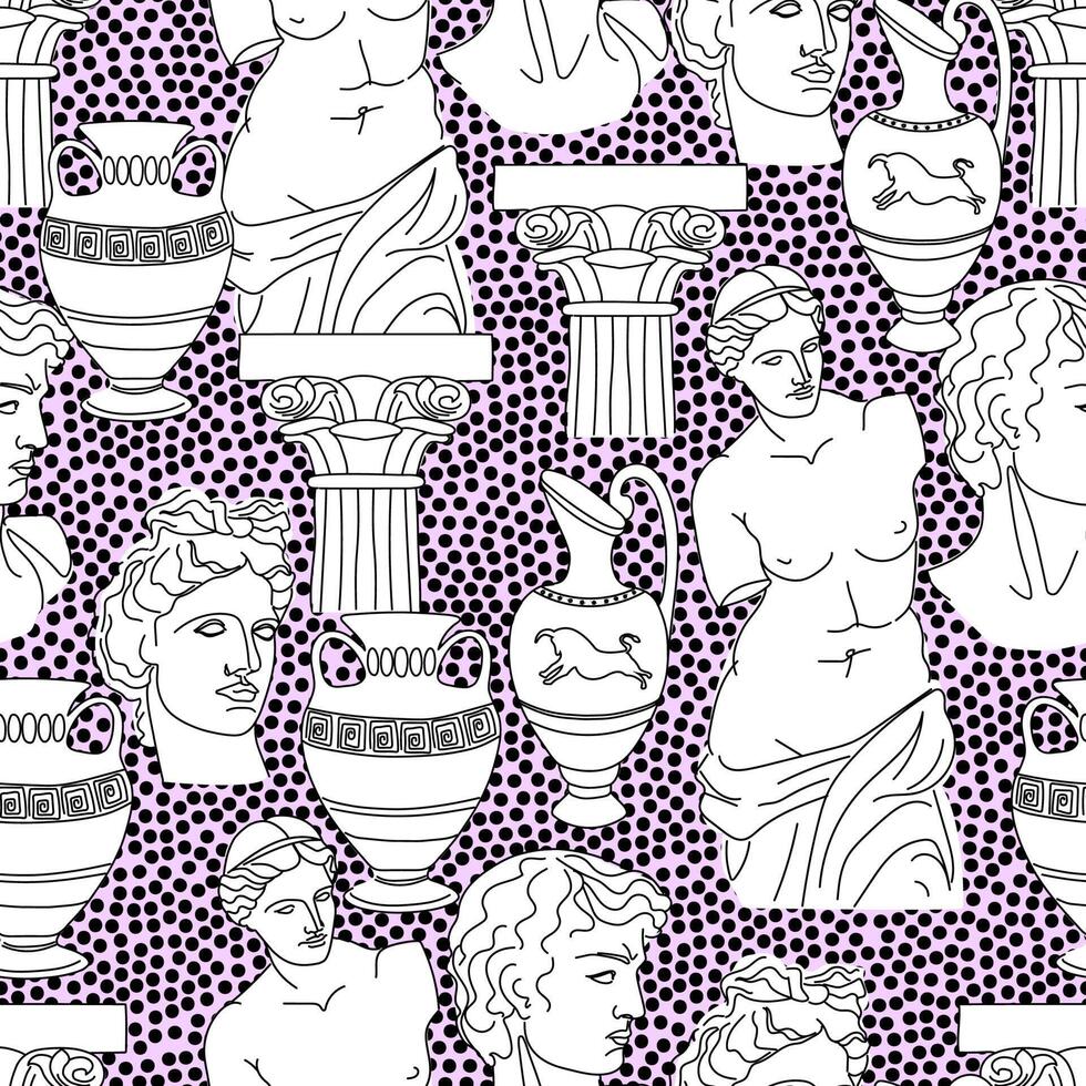 An antique statue of a woman, a bust of an ancient man, columns, amphoras. Mythical, ancient Greek style. Hand drawn fashion  illustration. Square vector seamless pattern.