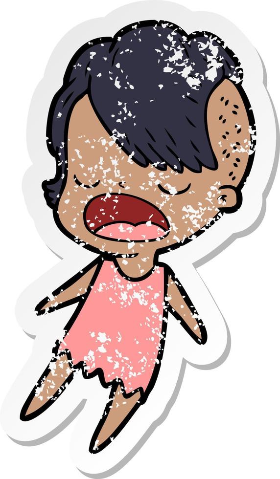 distressed sticker of a cartoon cool hipster girl talking vector