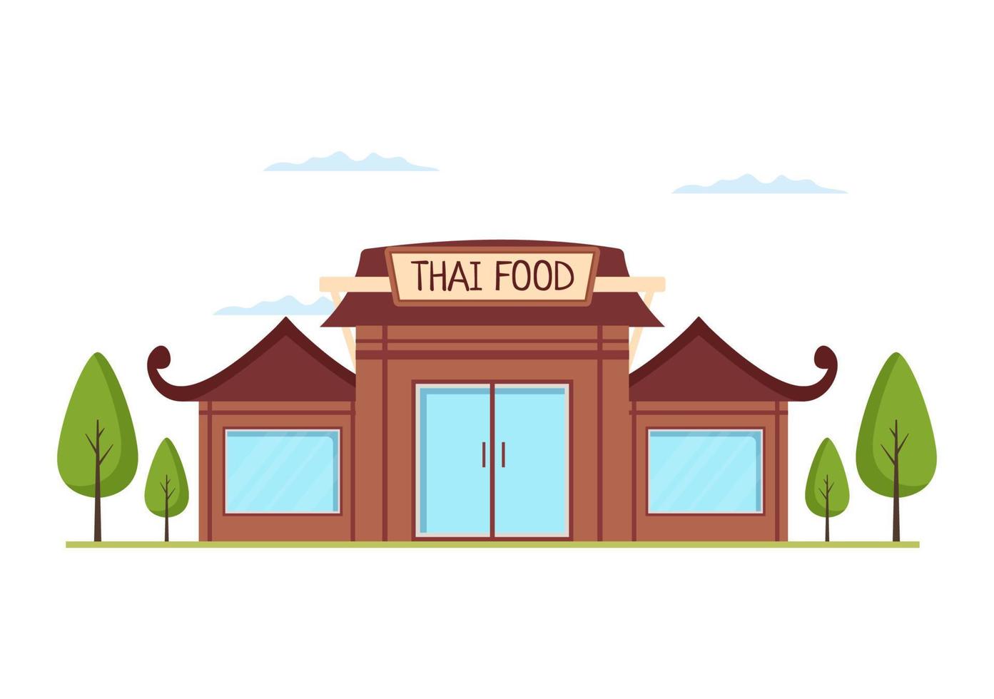 Traditional Thai Food Restaurant or Cafe Building Template Hand Drawn Cartoon Flat Illustration vector