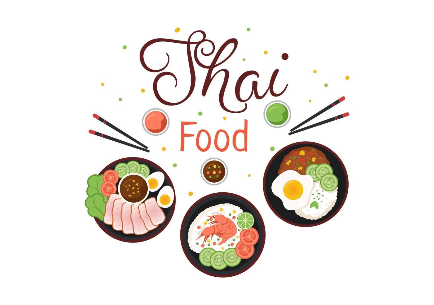 Traditional Thailand Food Template Cartoon Hand Drawn Illustration Various of Thai Cuisine Design vector