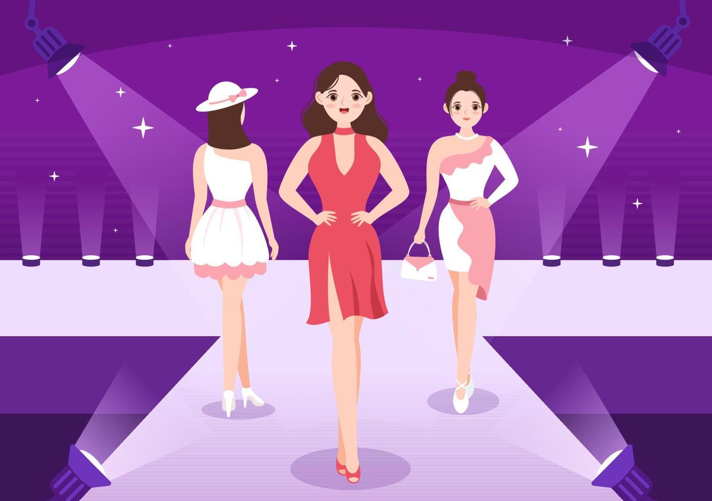 Professional Model Template Hand Drawn Cartoon Flat Illustration with Beautiful Women Models Walking on Podium in Fashion Week Event vector