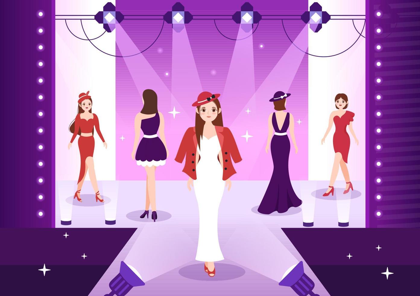 Professional Model Template Hand Drawn Cartoon Flat Illustration with Beautiful Women Models Walking on Podium in Fashion Week Event vector