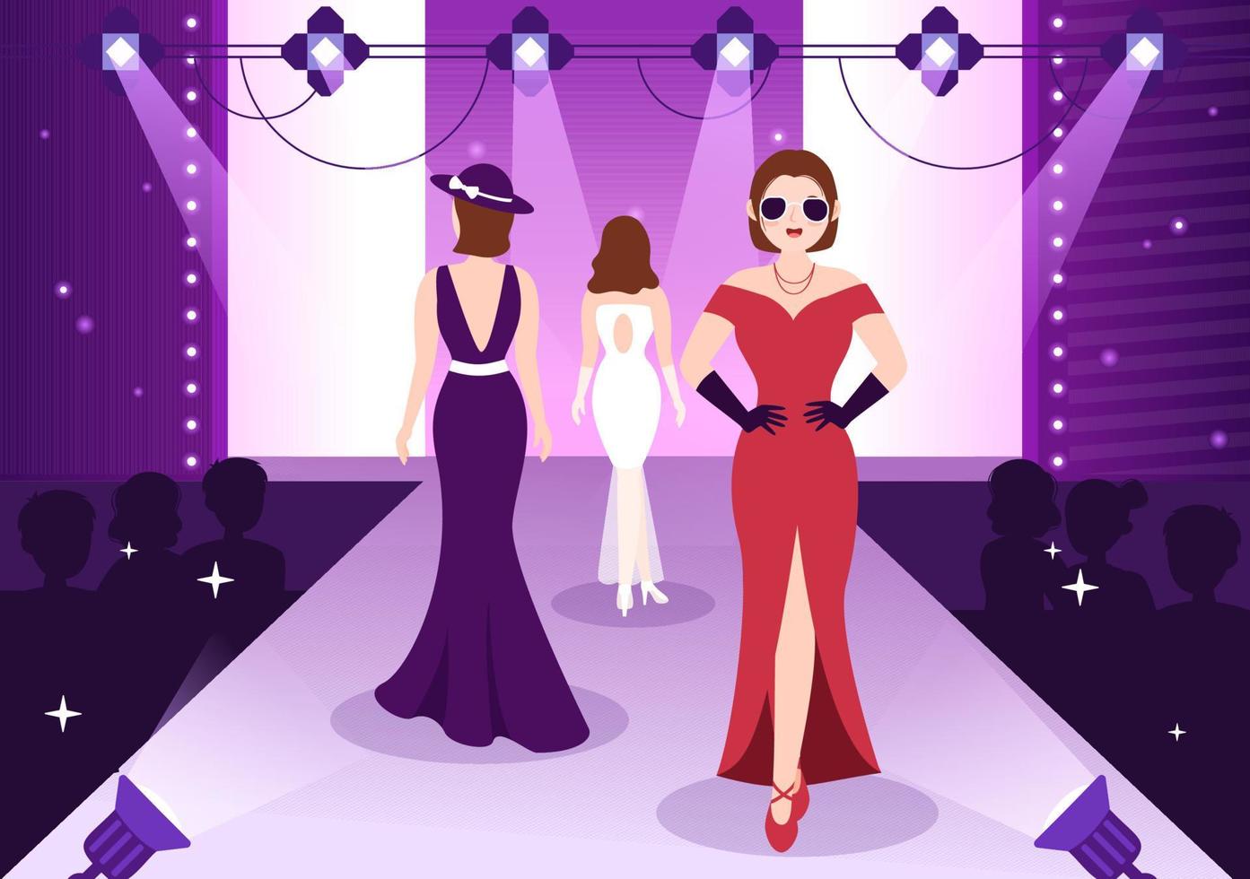 Professional Model Template Hand Drawn Cartoon Flat Illustration with Beautiful Women Models Walking on Podium in Fashion Week Event vector