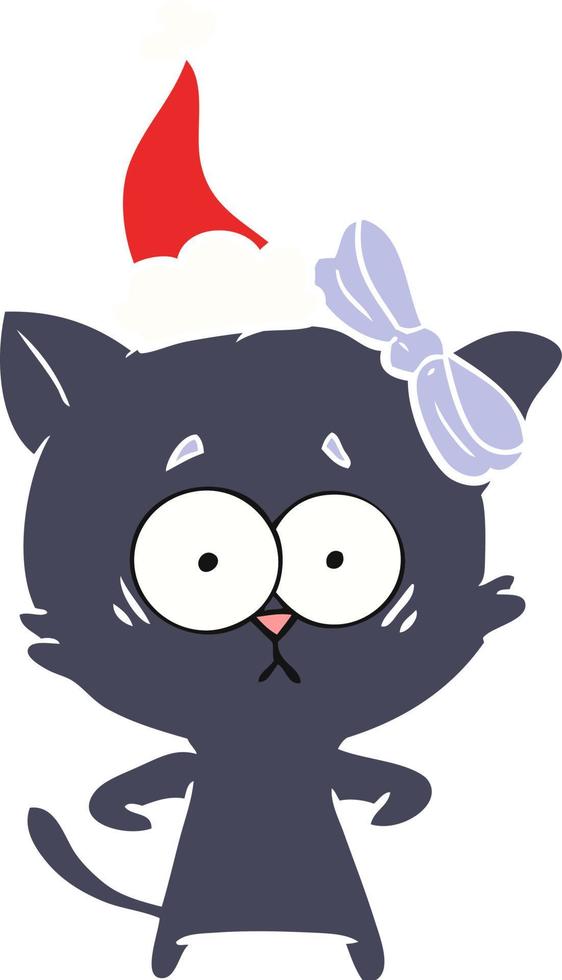 flat color illustration of a cat wearing santa hat vector