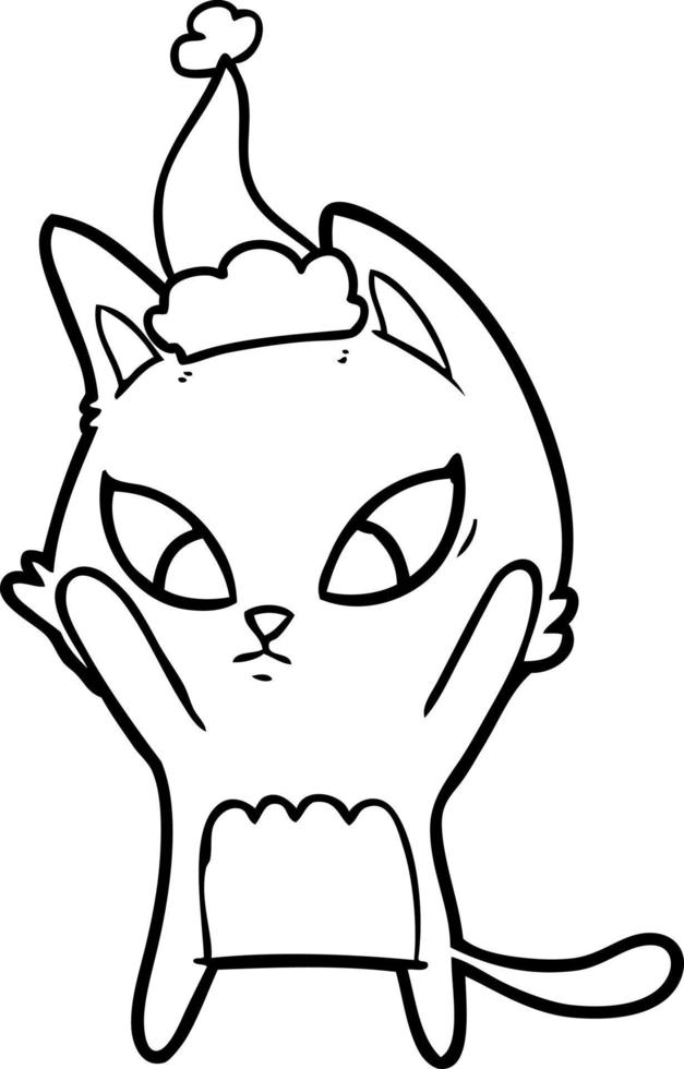 confused line drawing of a cat wearing santa hat vector