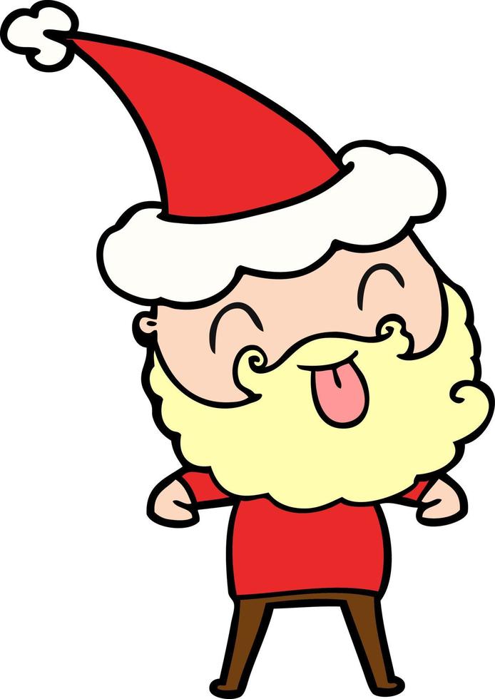 man with beard sticking out tongue wearing santa hat vector