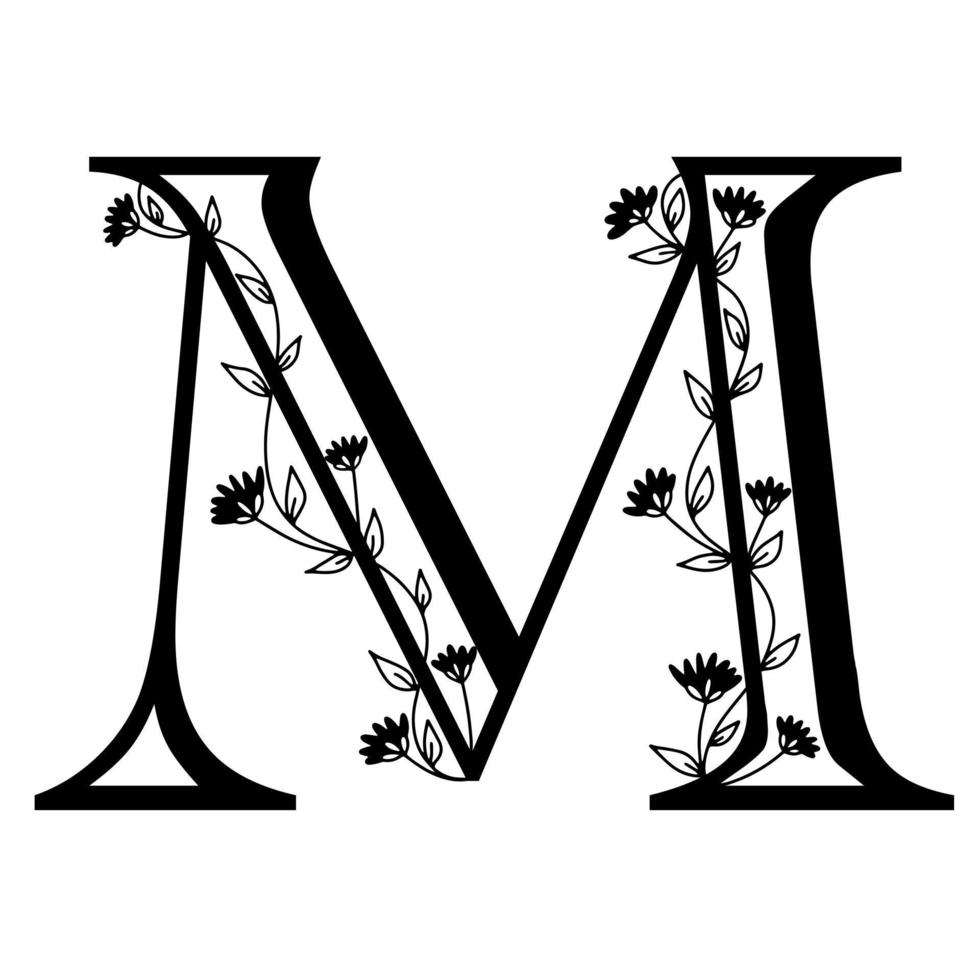 Floral botanical alphabet. Vintage hand drawn monogram letter M. Letter