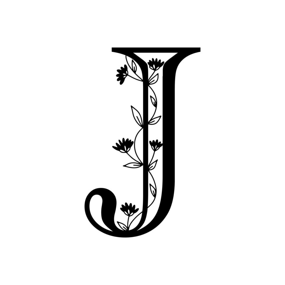 alfabeto botánico floral. letra de monograma dibujada a mano vintage j. carta con plantas y flores. letras vectoriales aisladas en blanco vector