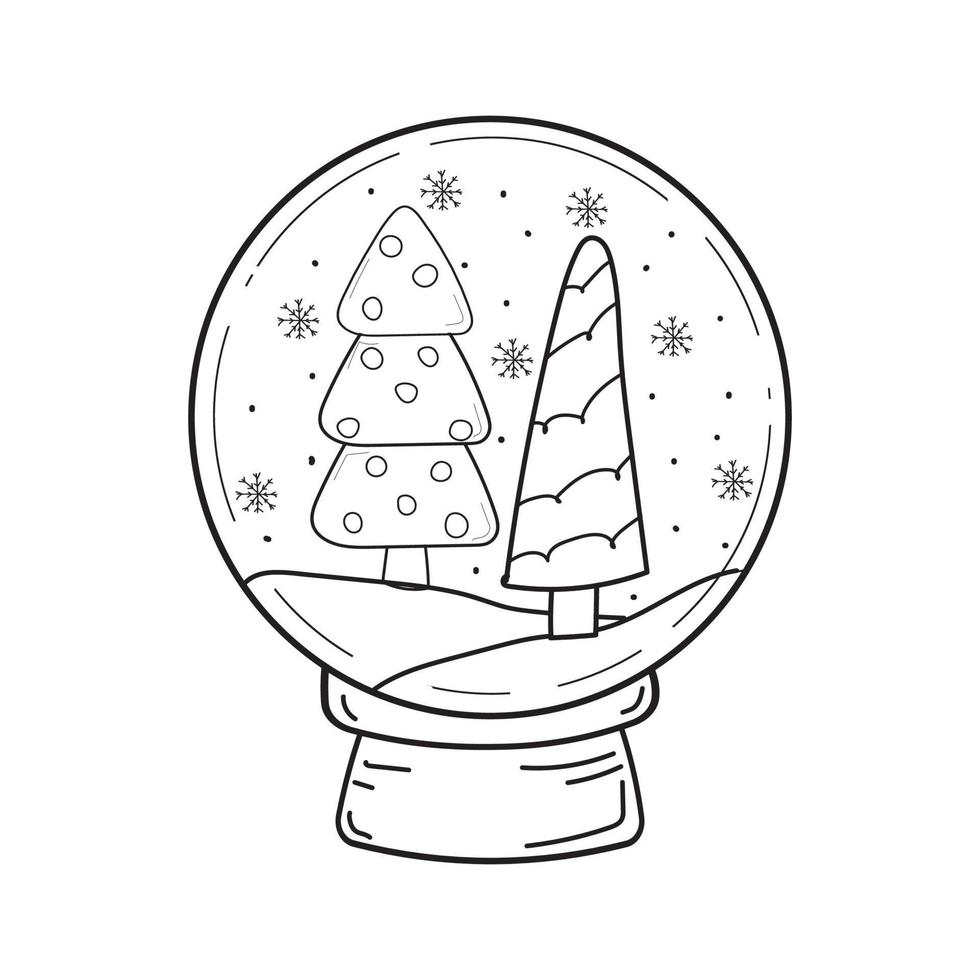 vector illustration of Christmas trees in a Christmas snow globe. Doodle illustration snow globe