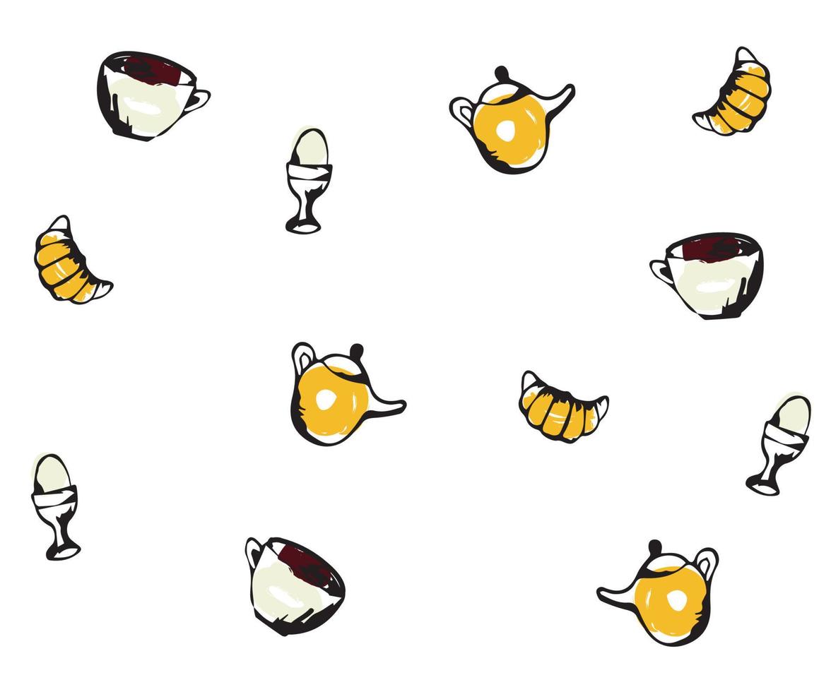 hand-drawn doodle pattern with breakfast items - teapot, croissant, egg and coffee vector