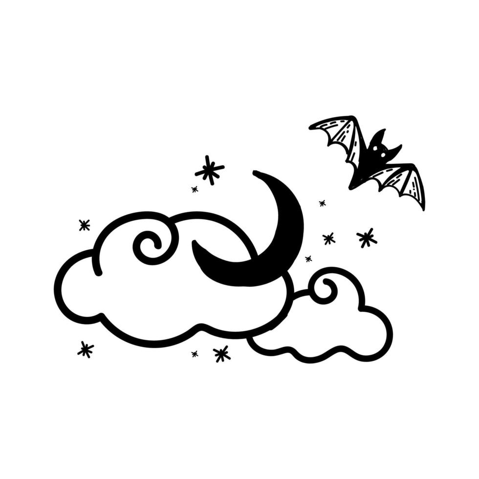 feliz Halloween. nubes con la luna y las estrellas. murciélagos otoño. fiesta. ilustración vectorial dibujada a mano en estilo garabato vector