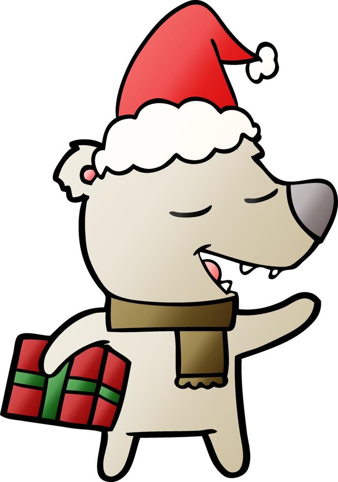 gradient cartoon of a bear with present wearing santa hat vector