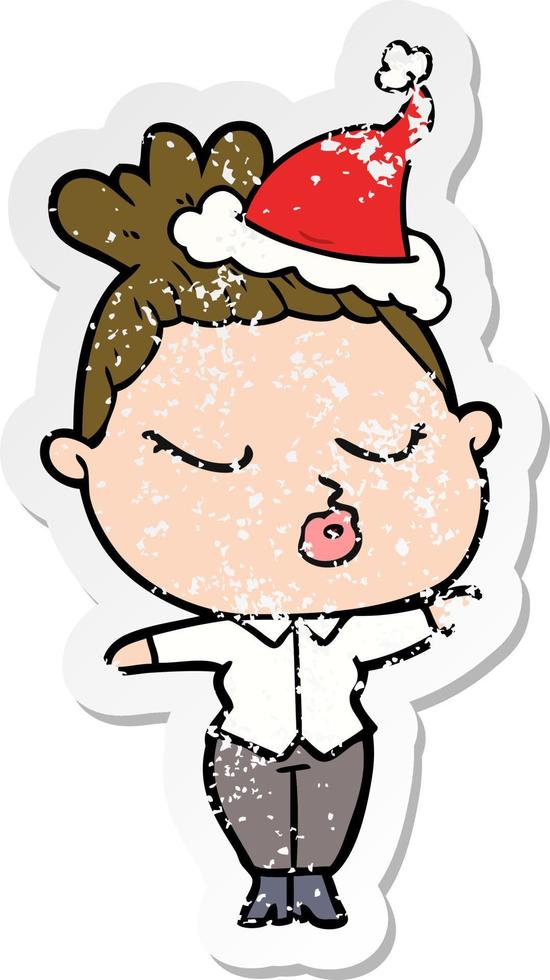 distressed sticker cartoon of a calm woman wearing santa hat vector