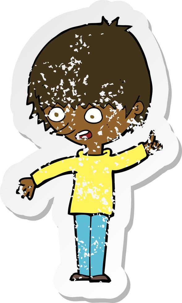 retro distressed sticker of a cartoon boy with question vector