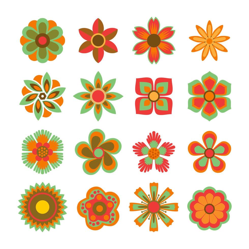 colorido floral retro hippie groovy vintage flor geométrica abstracta, hojas de geometría, divertido estampado multicolor para tela, papel, cualquier diseño de superficie. papel pintado psicodélico vector