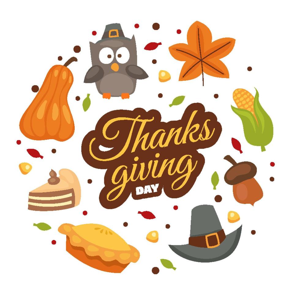 Thanksgiving day. Vector elements of thanksgiving celebration harvest and icons. Traditional turkey, cornucopia horn, pilgrim hat, pumpkin, fruit pie, vegetables harvest, plenty of food products