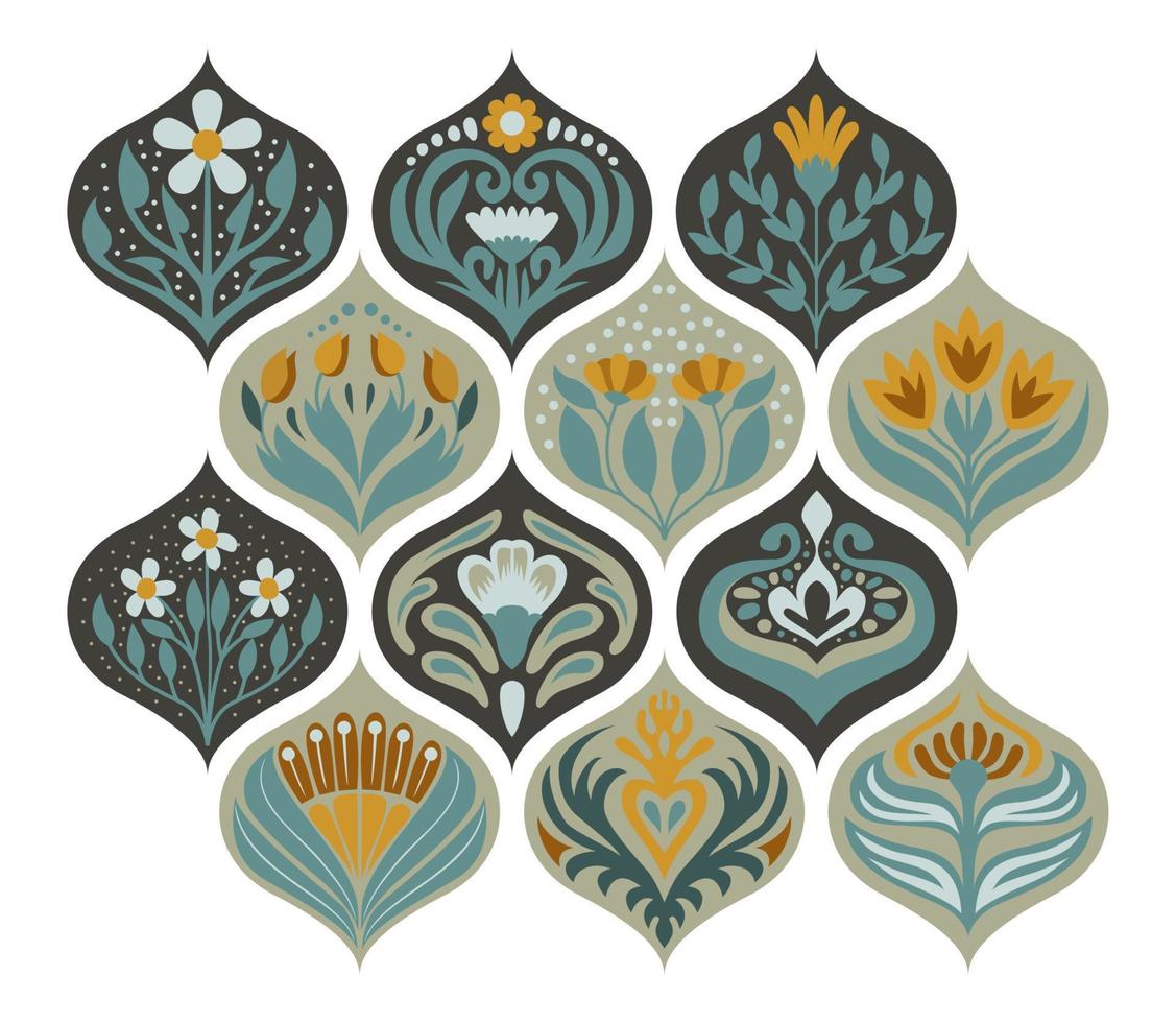 Ogee Flower Vector tile seamless pattern, Lisbon floral mosaic, Mediterranean seamless navy blue ornament. Geometric Abstract art arabesque mosaic