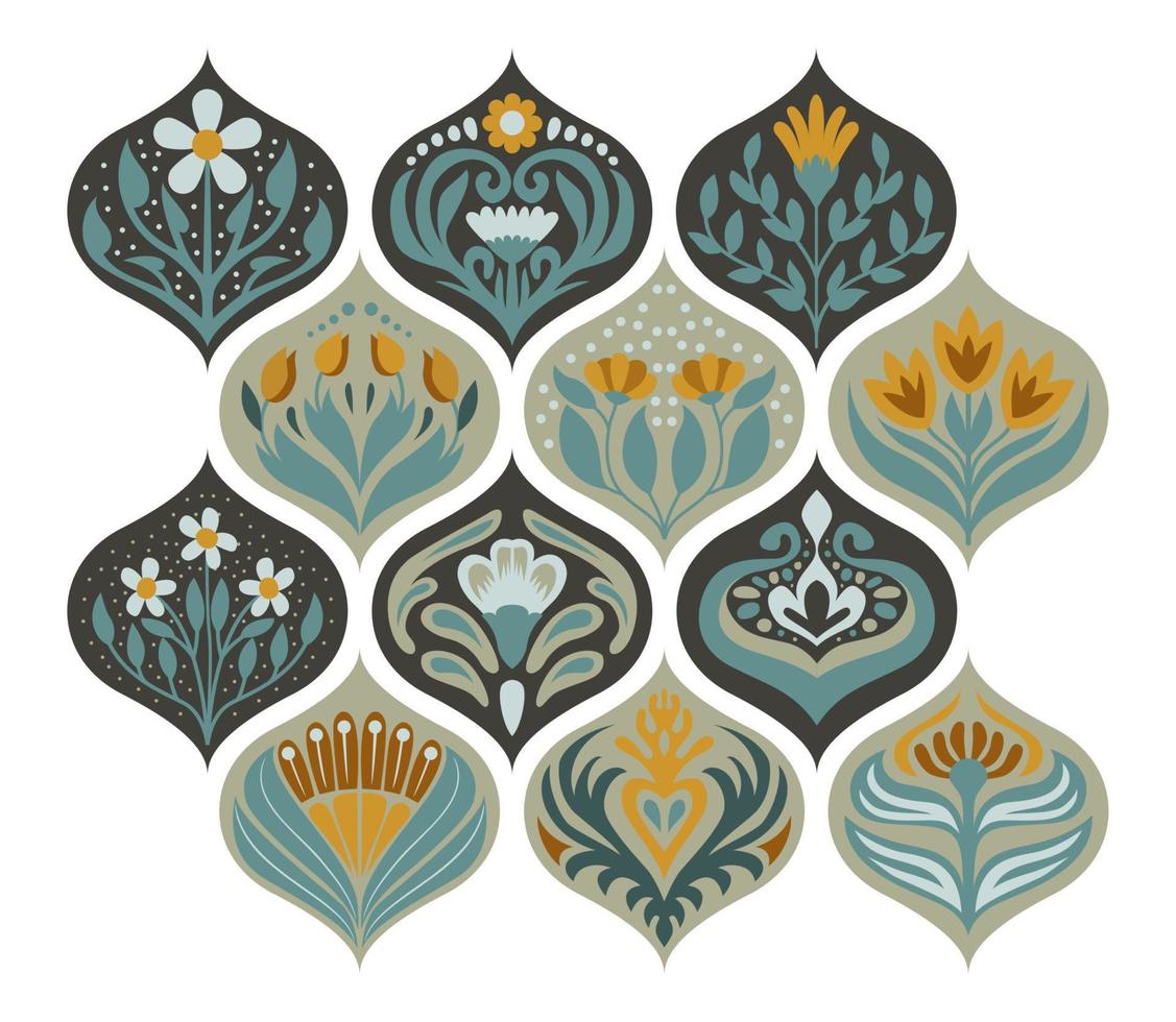 Ogee Flower Vector tile seamless pattern, Lisbon floral mosaic, Mediterranean seamless navy blue ornament. Geometric Abstract art arabesque mosaic