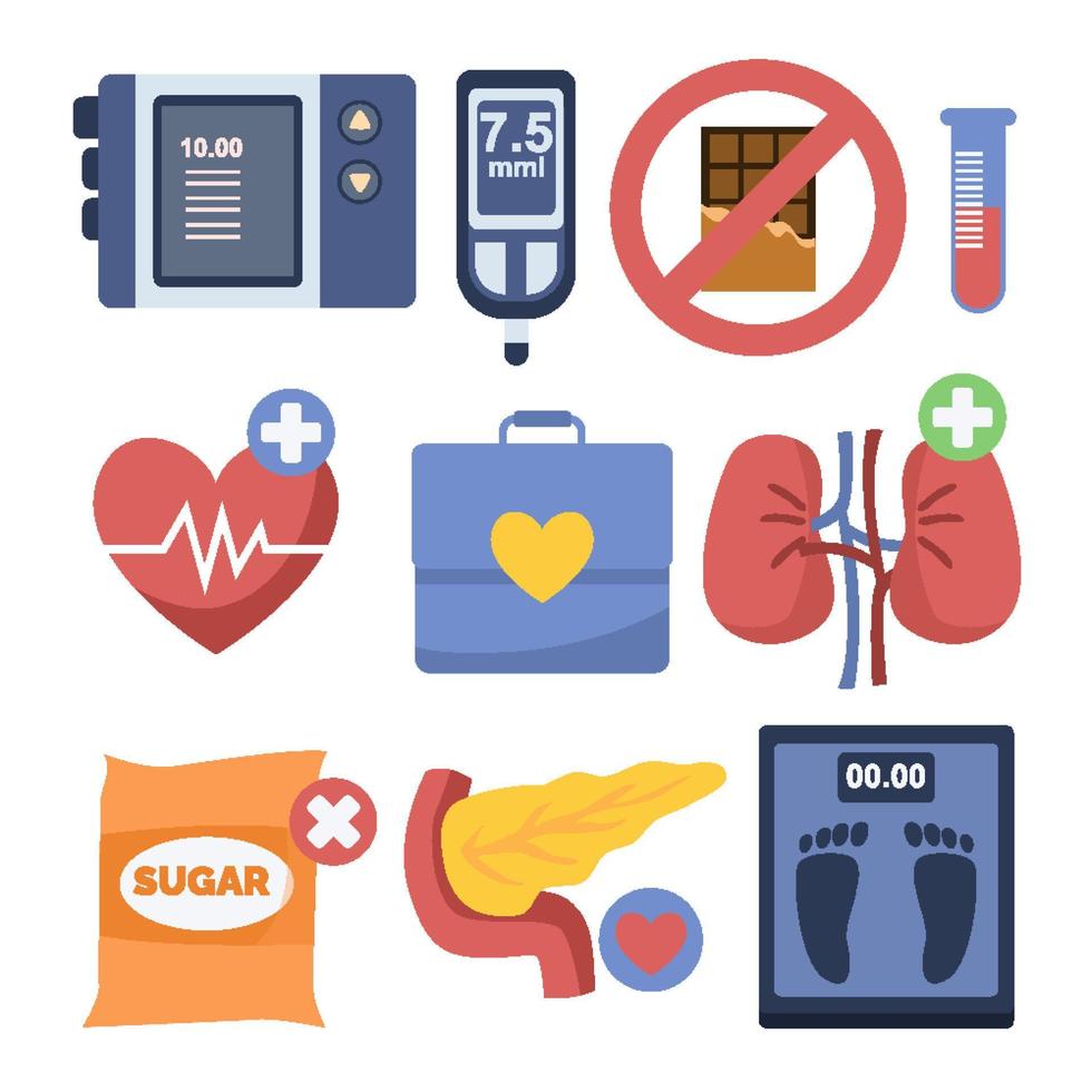 Diabetes flat vector elements set. Diabetes equipment icon collection. Insuline pump, glucometer, syringe, pen, lancet, test strips, insulin, blood, sugar, Heart. Concept of healthcare prevention