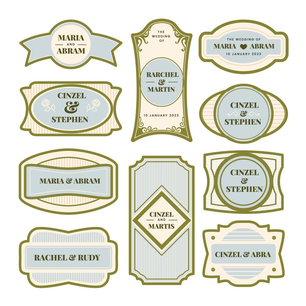 Wedding label frames. Old ornate labels, decorative vintage frame and retro badge. Royal insignia, sale sticker or invitation card. Isolated vector symbols set . Greeting card.