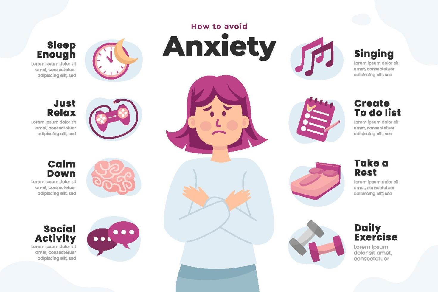 Tips for anxiety. Woman hugging herself. Mental health concept. Infographic of psychology help. Mood disorder. Vector illustration in flat cartoon style. Avoid Treatment