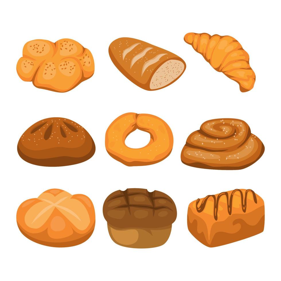 conjunto de iconos de pan. panadería recién horneada. centeno, pan integral y de trigo, pretzel, muffin, pita, ciabatta, croissant, bagel, pan tostado, baguette francés para panadería de menú de diseño. vector