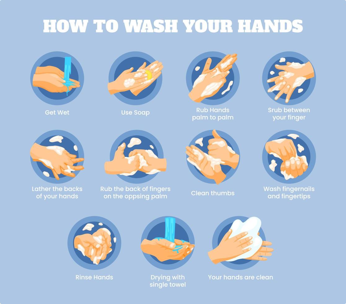 How to wash your hands properly Infographic step by step, Personal hygiene, disease prevention and health care educational poster vector