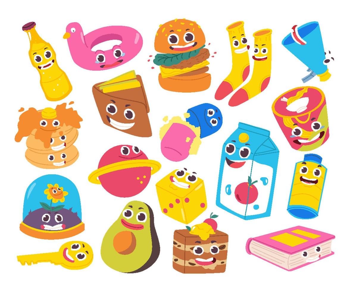 Set of cute smiley comic cartoon character. Happy world smile day with objects hipster or pop art style sticker and label childish drawing vector