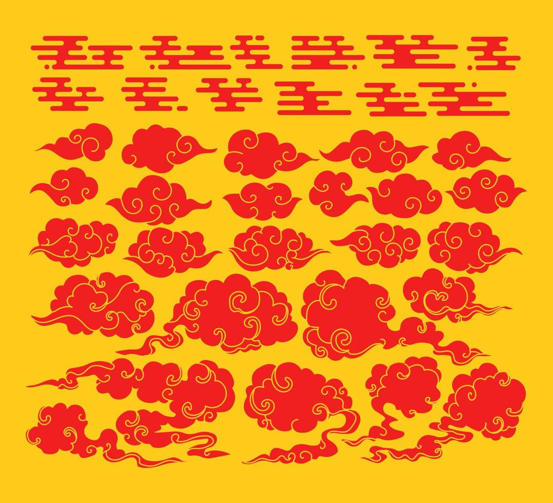 Collection of Red clouds in Chinese style. Set of hand drawn cloud with Japanese pattern vector. Oriental decoration. flyer or presentation in vintage style. vector