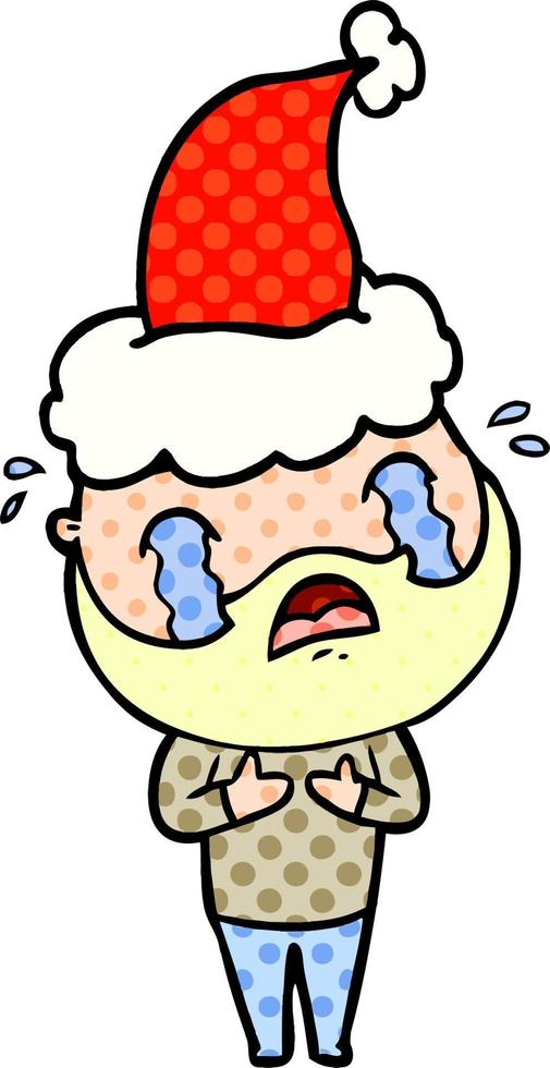 comic book style illustration of a bearded man crying wearing santa hat vector