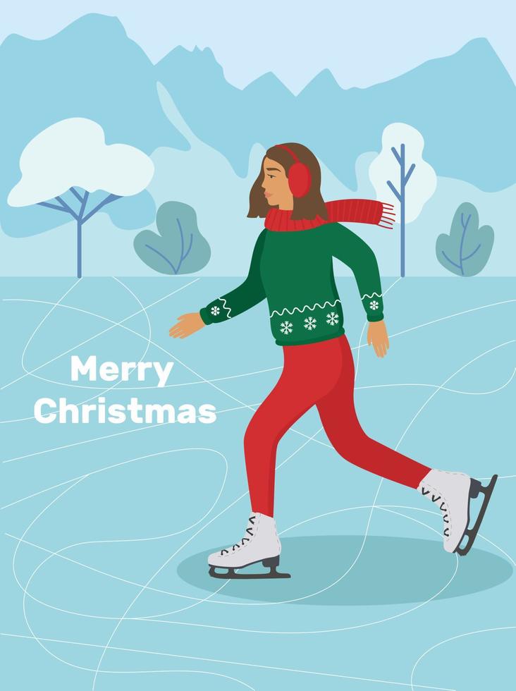 año nuevo chino 2023, año del conejo. una joven con un suéter de año nuevo y un sombrero con auriculares en el fondo de los copos de nieve está patinando en el lago. patinaje artístico Feliz Navidad. vector