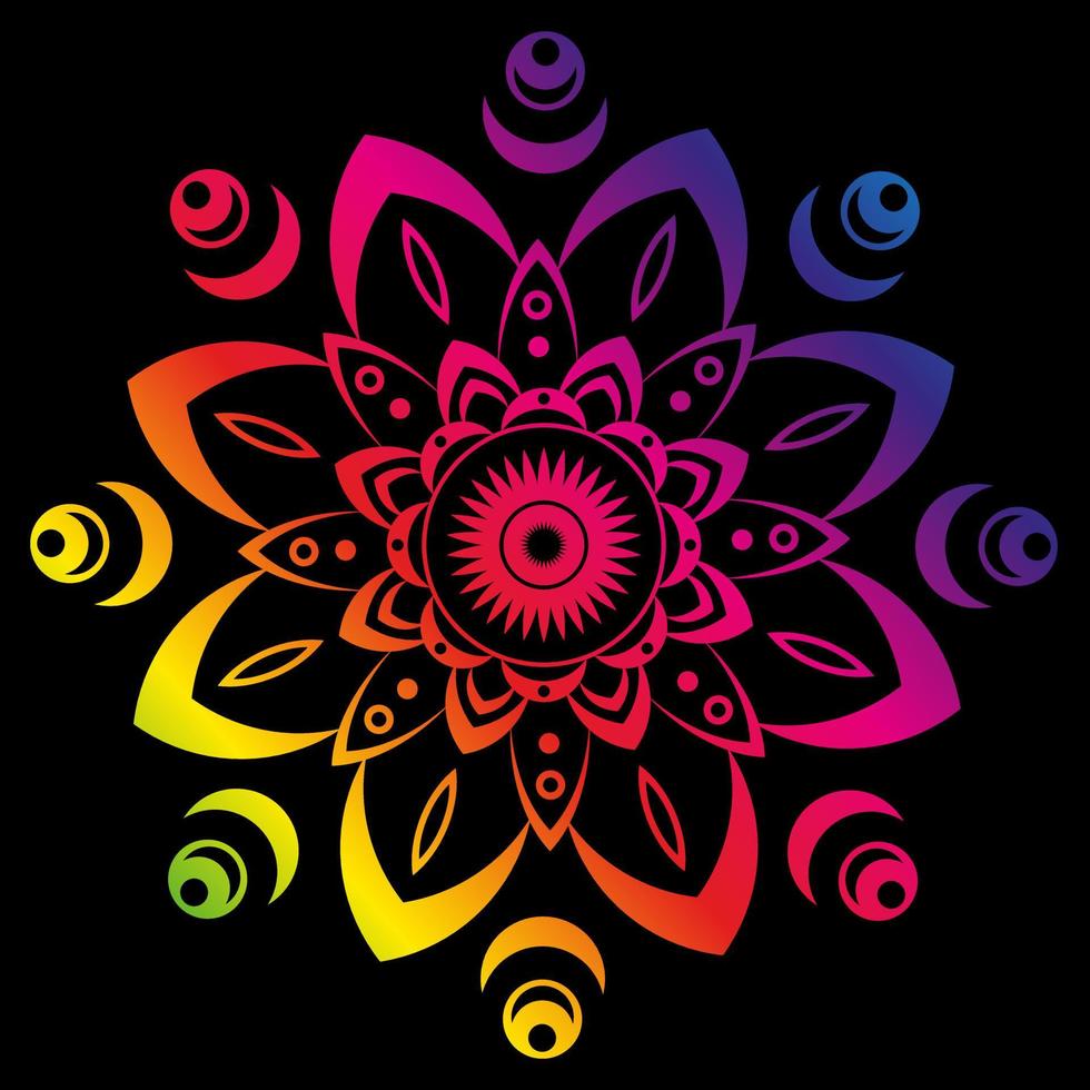 mandala multicolor del arco iris sobre fondo negro. patrón redondo, adorno floral. hermoso elemento simétrico. antiestrés, relajación vector