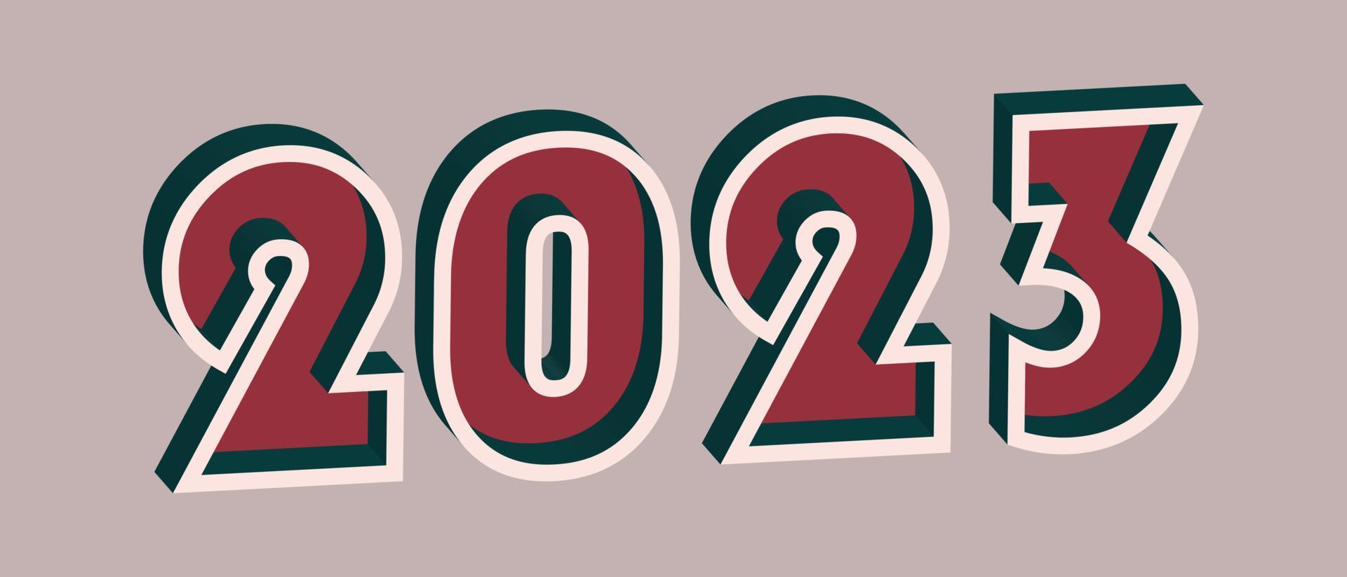 Año 2023 con efecto 3d en estilo retro. bien rojo y colores verde azulado profundo vector