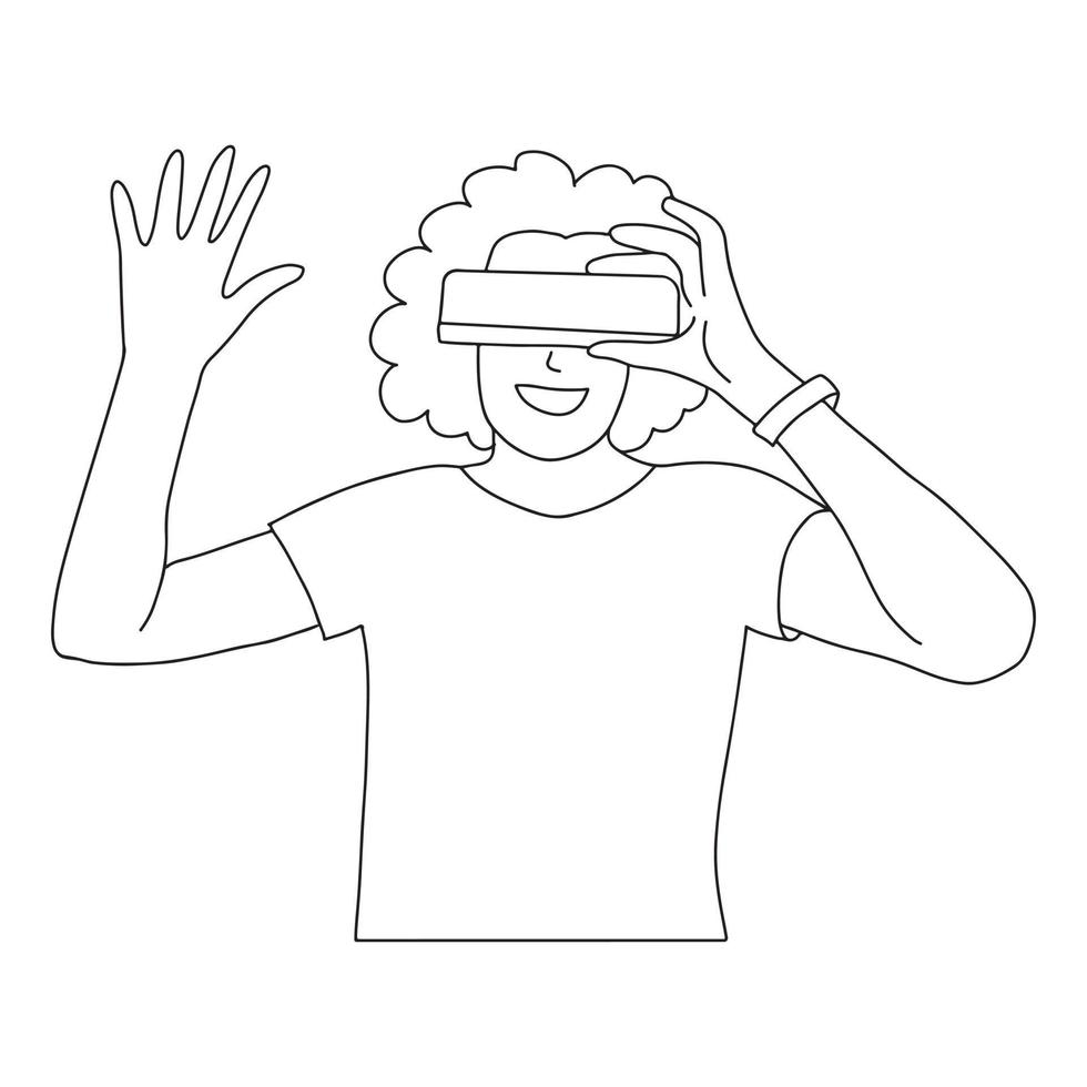 mujer feliz afroamericana en gafas de realidad virtual. tecnología vr dibujo de línea de contorno en blanco y negro de niña en realidad digital aumentada. personaje simple minimalista metaverso vector