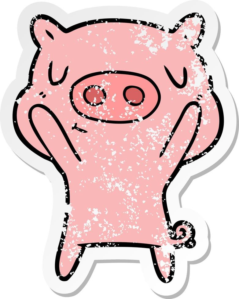 distressed sticker of a cartoon content pig vector