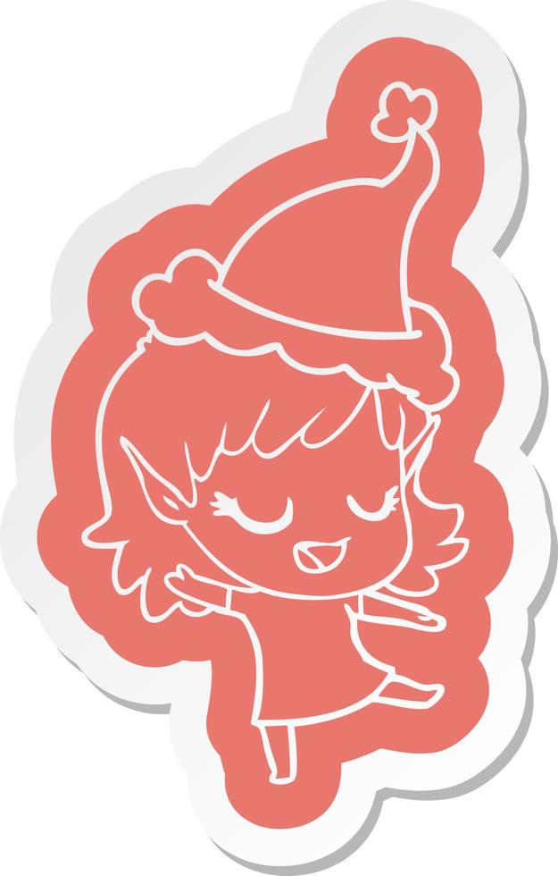 happy cartoon  sticker of a elf girl wearing santa hat vector