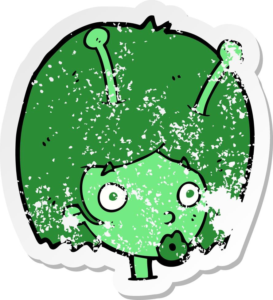 retro distressed sticker of a cartoon alien girl vector