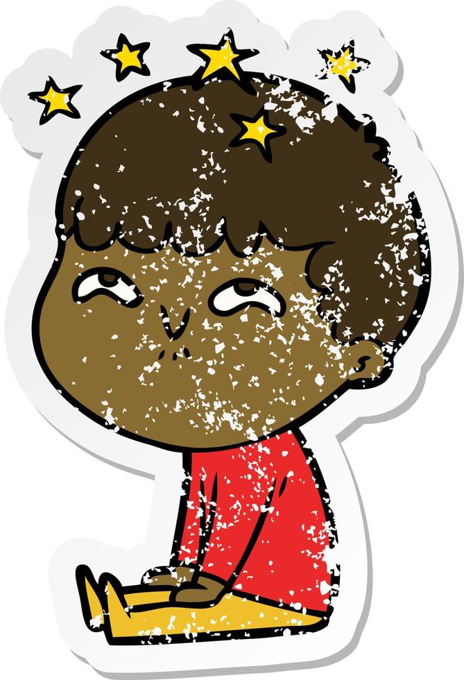distressed sticker of a cartoon amazed boy vector