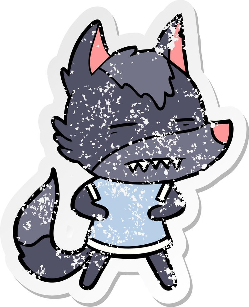 distressed sticker of a cartoon wolf showing teeth vector