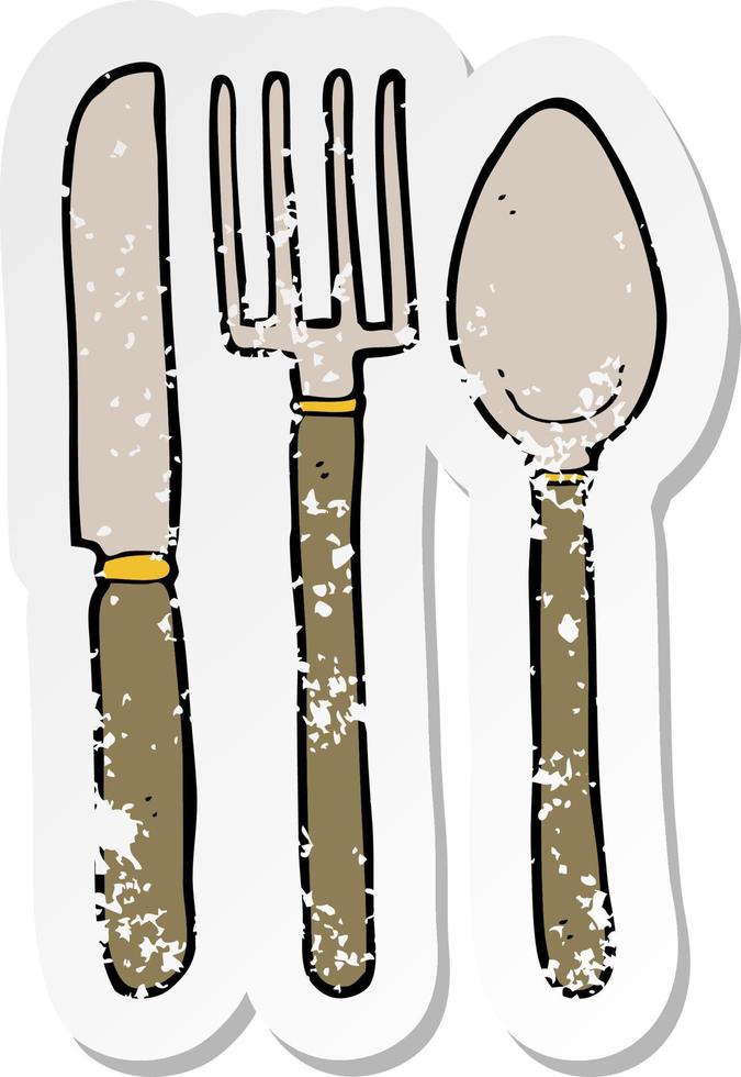 retro distressed sticker of a cartoon knife fork spoon vector