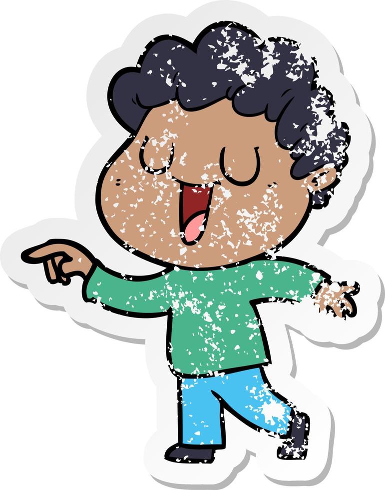 distressed sticker of a laughing cartoon man pointing vector