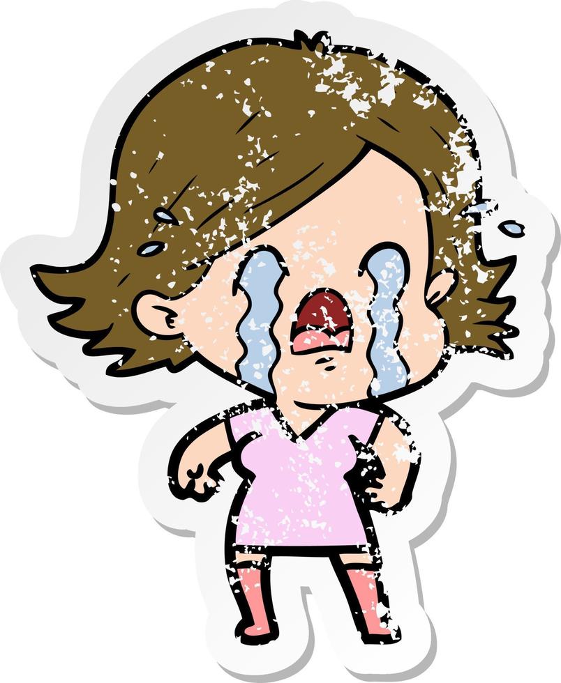 distressed sticker of a cartoon woman crying vector