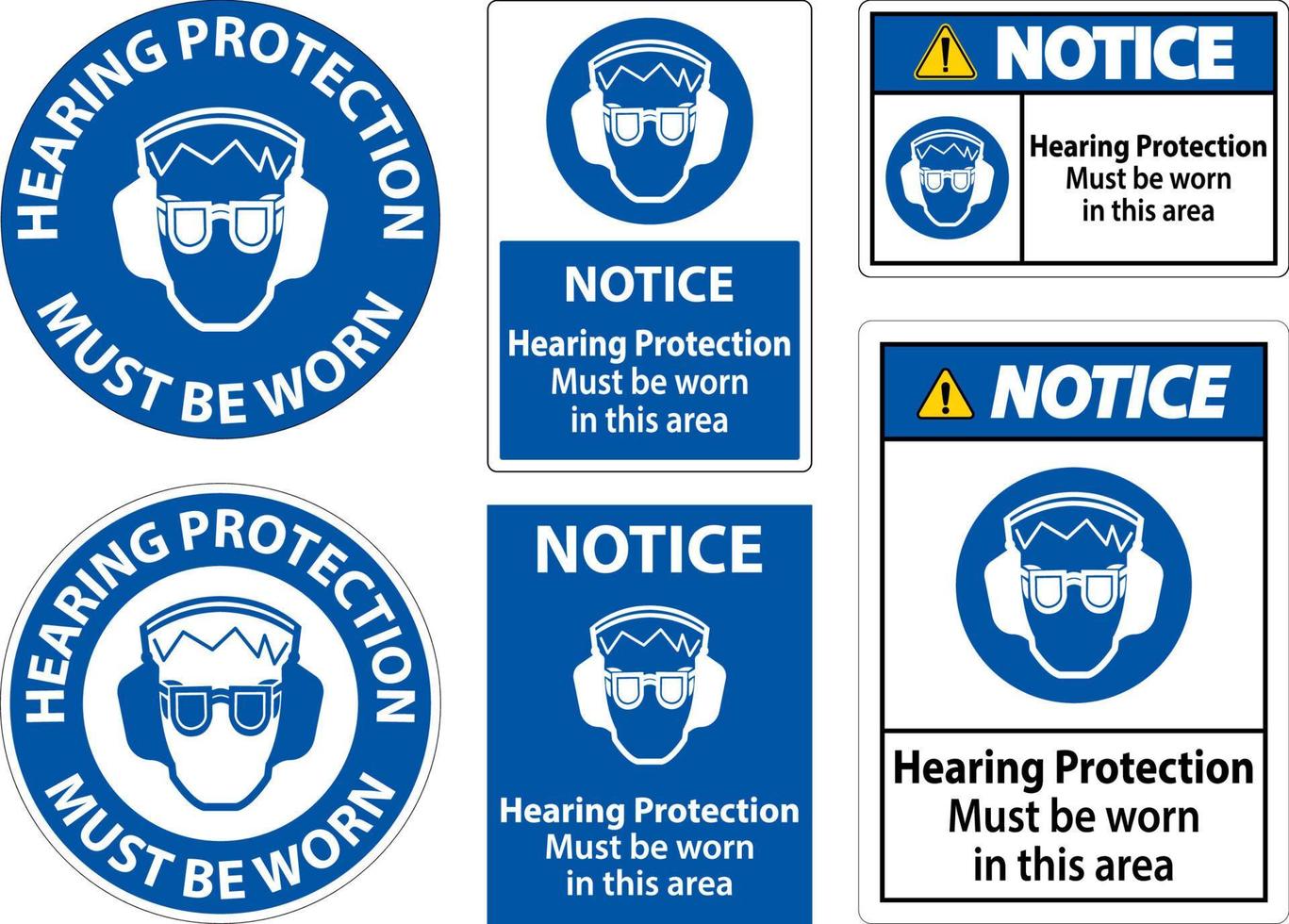 Aviso de protección auditiva debe llevarse signo sobre fondo blanco. vector