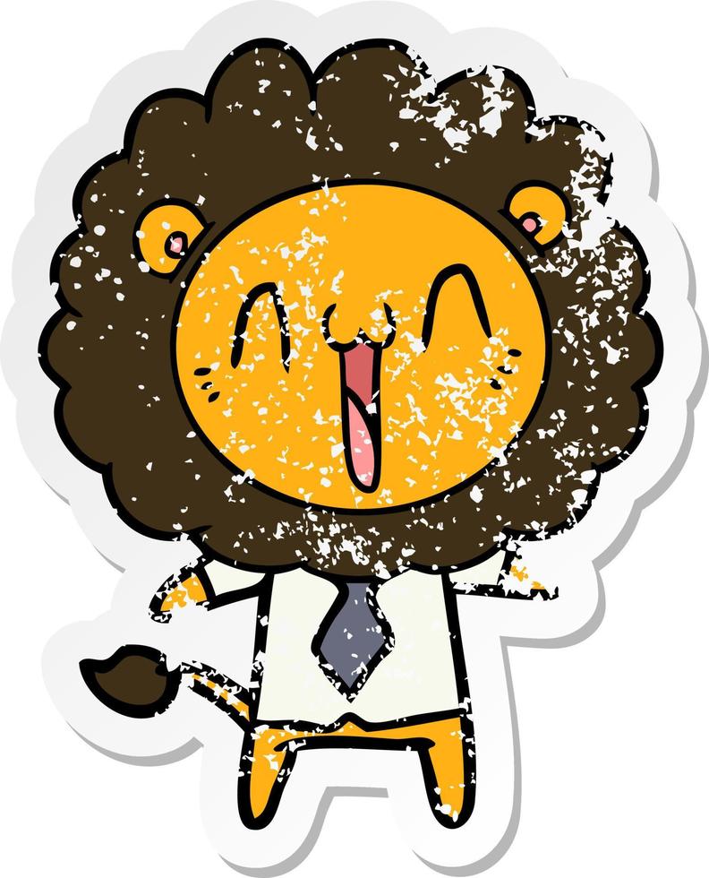 distressed sticker of a happy cartoon lion vector