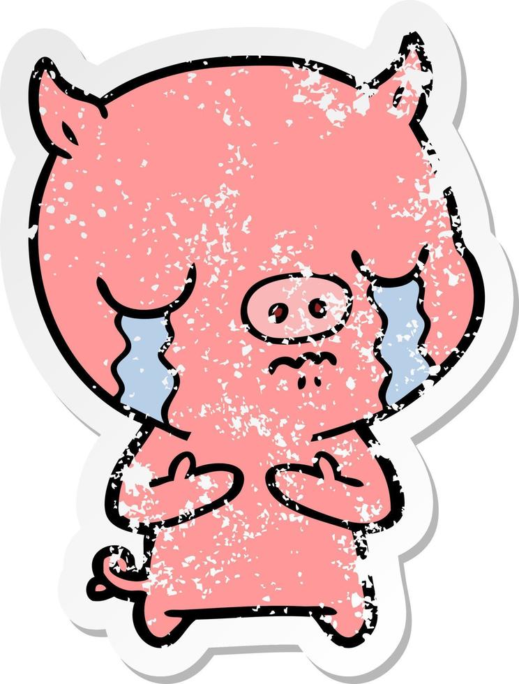distressed sticker of a cartoon pig crying vector